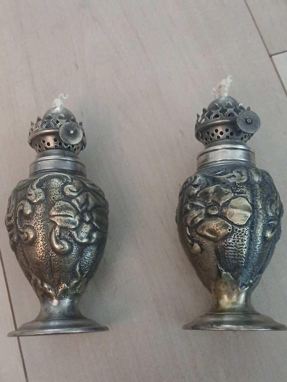 Restoration Hardware Antique-Style Silver Floral Table Oil Lamps - Pair